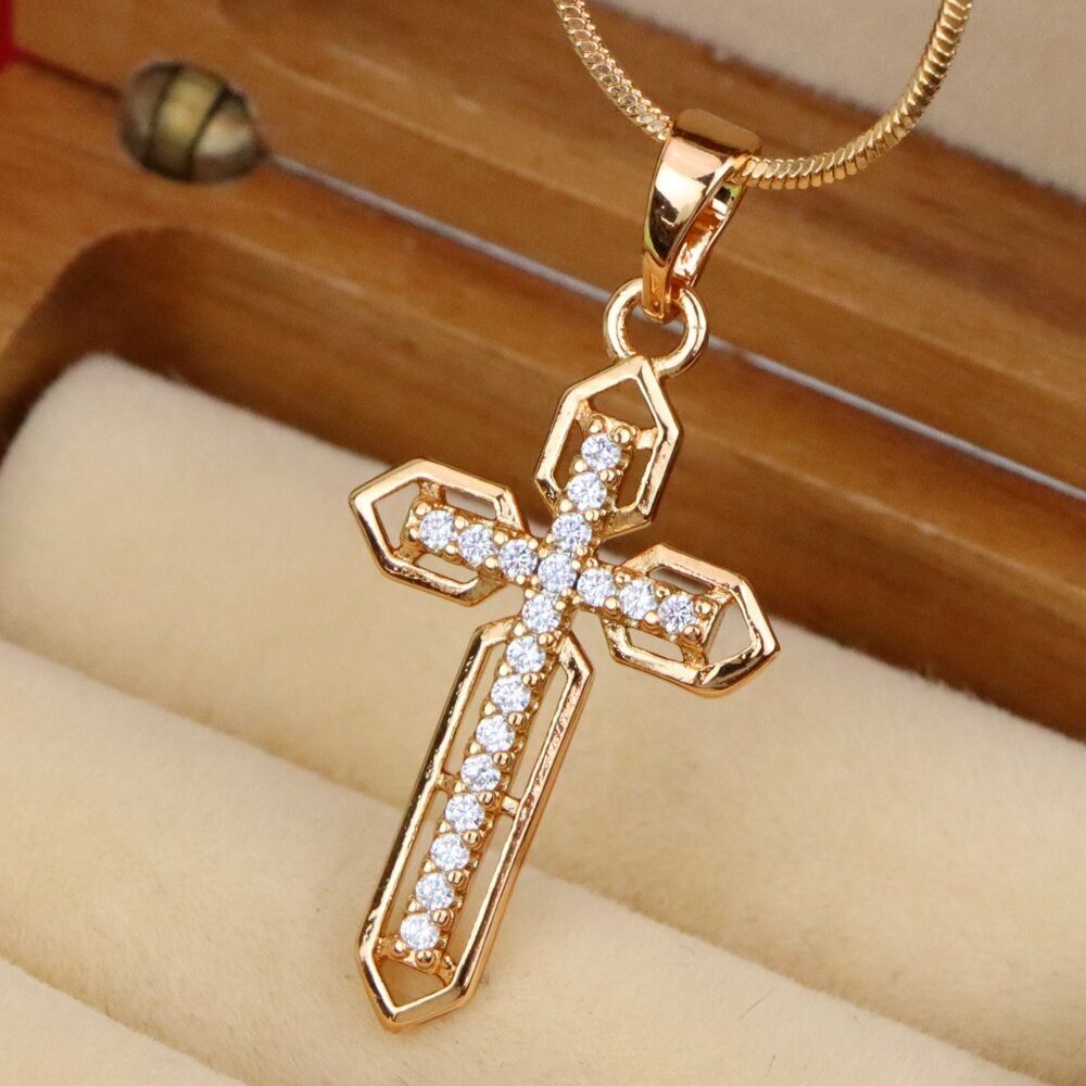 "Rose Gold Cross Pendant with CZ Stones and Pointed Edges Design, XPPT1845